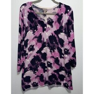 Chico’s Purple Floral V-Neck Pullover Sweater 3/4 Sleeve Cashmere Blend Size 2